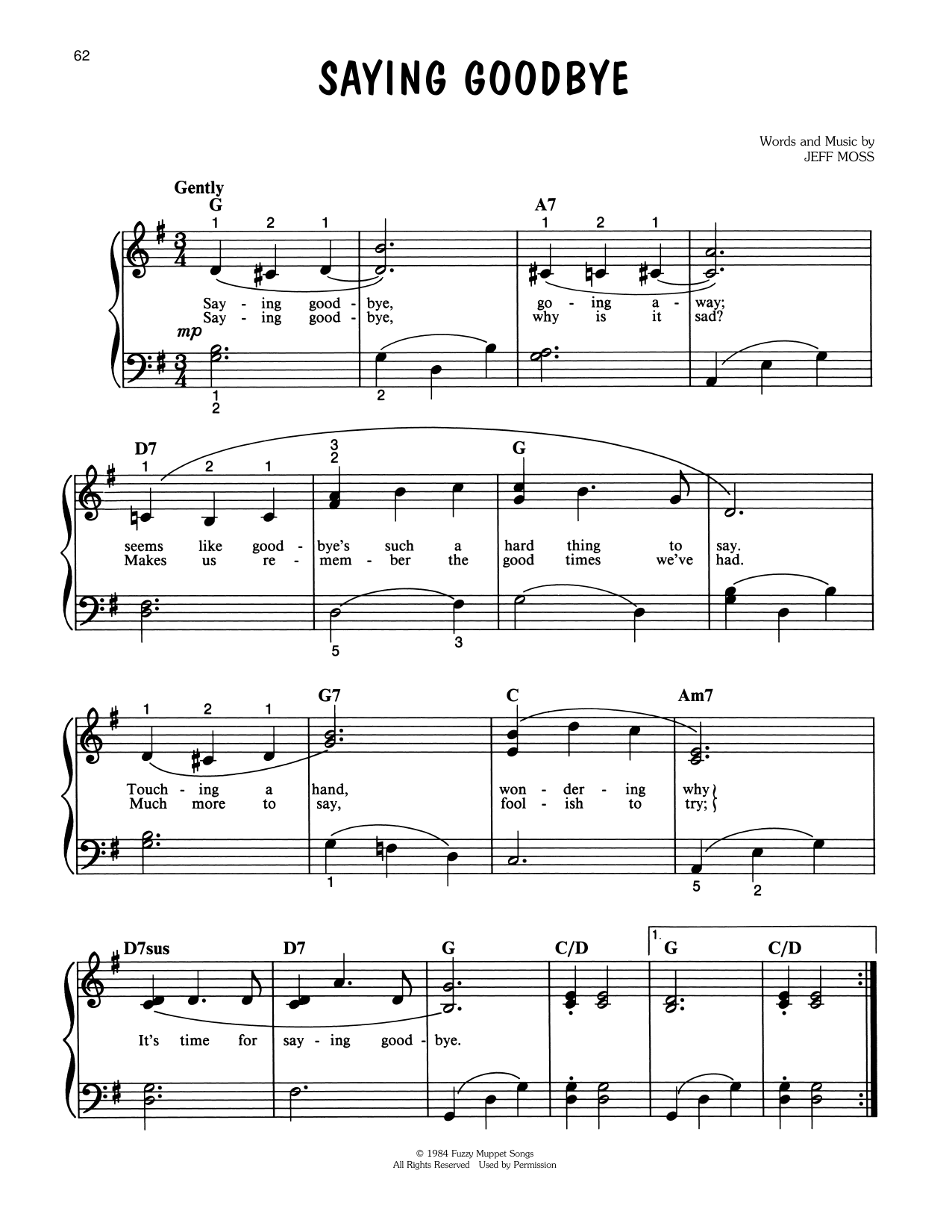 Jeff Moss Saying Goodbye (from The Muppets Take Manhattan) Sheet Music Notes & Chords for Easy Piano - Download or Print PDF