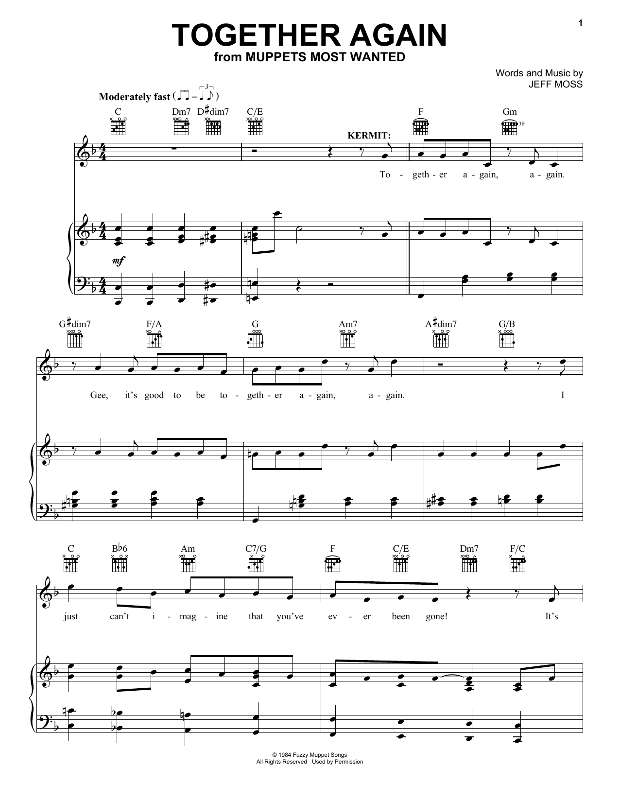 Jeff Moss Together Again Sheet Music Notes & Chords for Piano, Vocal & Guitar (Right-Hand Melody) - Download or Print PDF