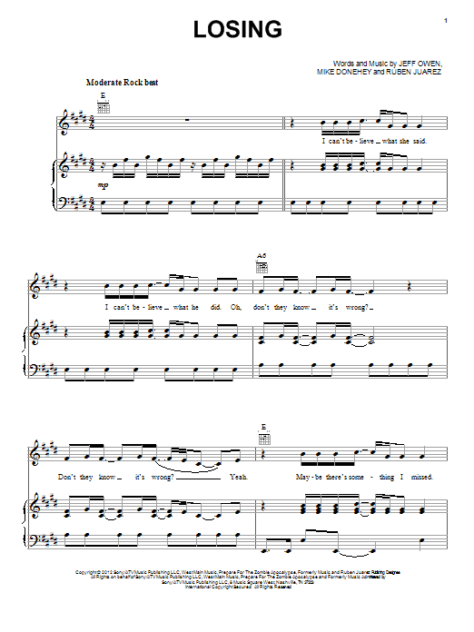 Jeff Owen Losing Sheet Music Notes & Chords for Piano, Vocal & Guitar (Right-Hand Melody) - Download or Print PDF