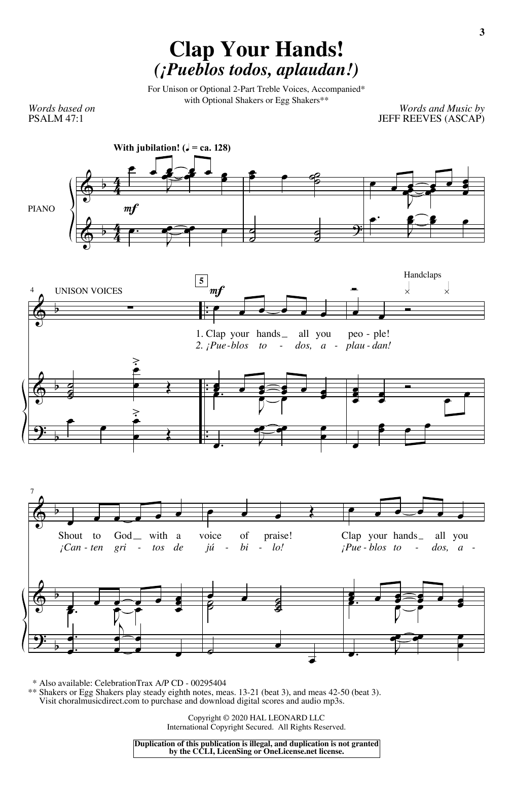 Jeff Reeves Clap Your Hands! (Pueblo todos, aplaudan!) Sheet Music Notes & Chords for Unison Choir - Download or Print PDF