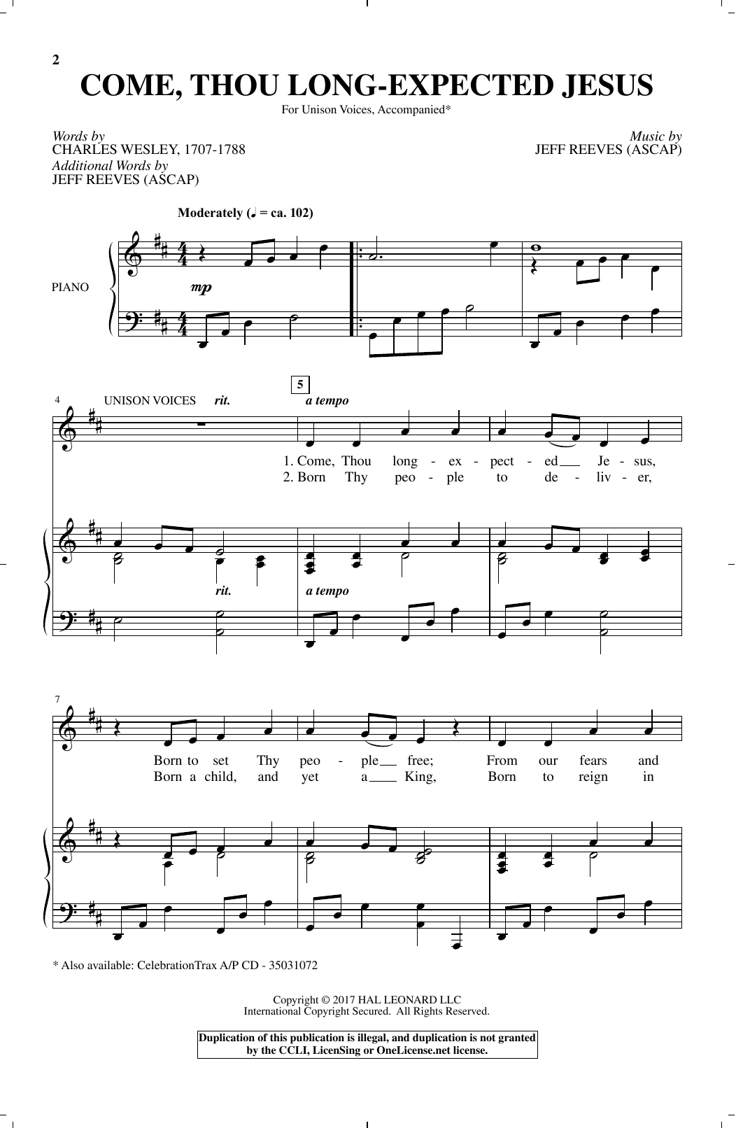 Jeff Reeves Come, Thou Long-Expected Jesus Sheet Music Notes & Chords for Unison Choral - Download or Print PDF