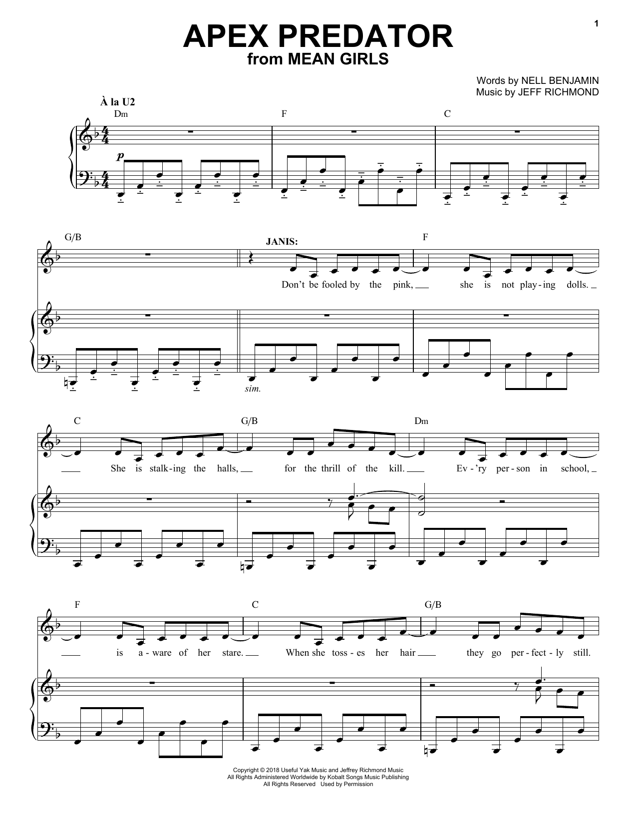 Jeff Richmond & Nell Benjamin Apex Predator (from Mean Girls: The Broadway Musical) Sheet Music Notes & Chords for Piano & Vocal - Download or Print PDF