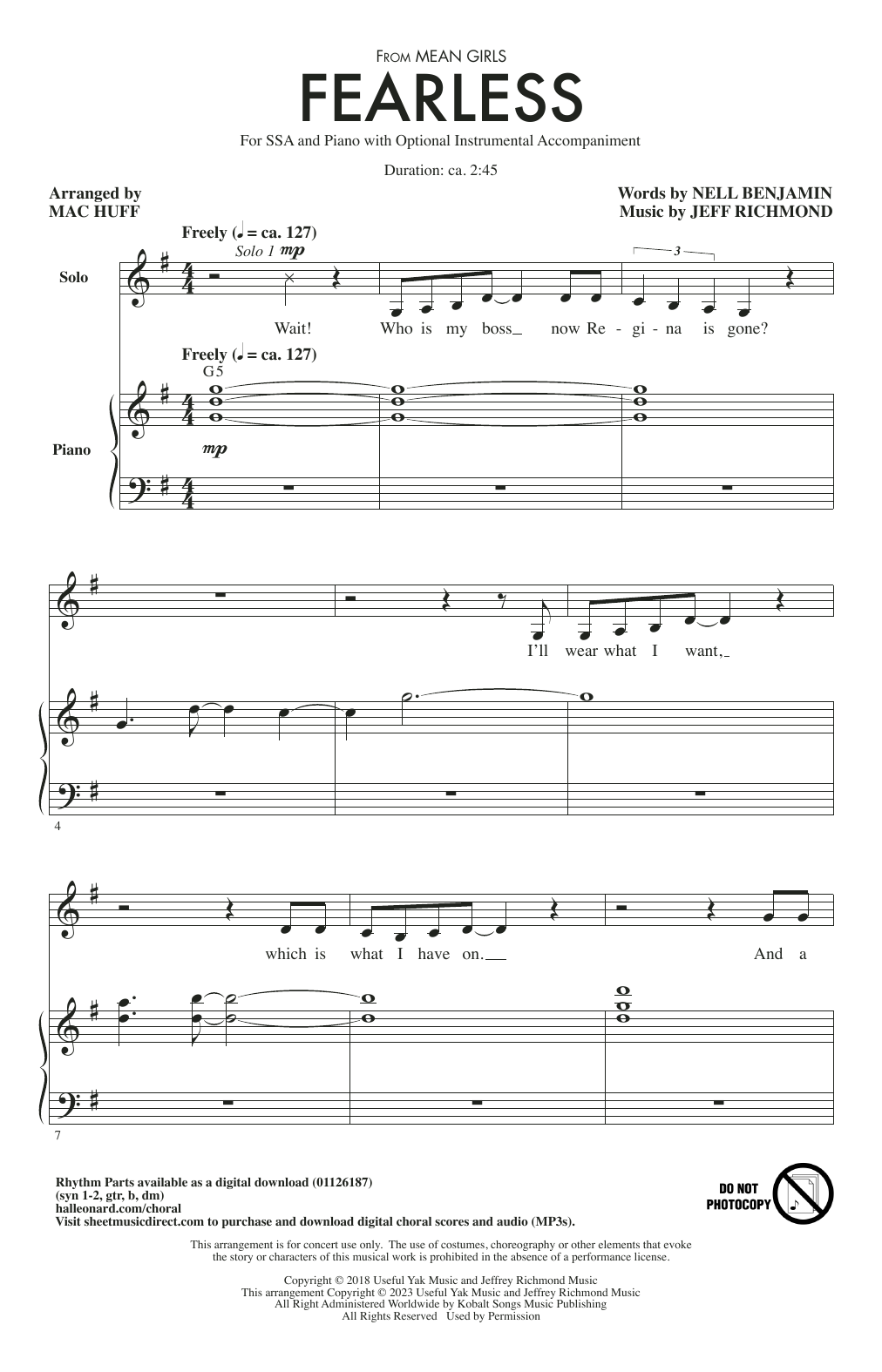 Jeff Richmond & Nell Benjamin Fearless (from Mean Girls: The Broadway Musical) (arr. Mac Huff) Sheet Music Notes & Chords for SSA Choir - Download or Print PDF