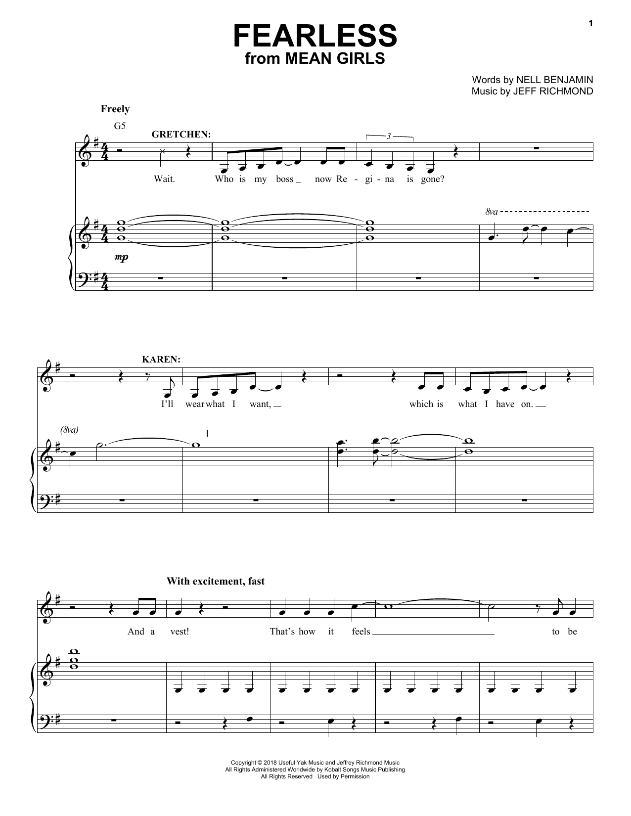 Jeff Richmond & Nell Benjamin Fearless (from Mean Girls: The Broadway Musical) Sheet Music Notes & Chords for Piano & Vocal - Download or Print PDF
