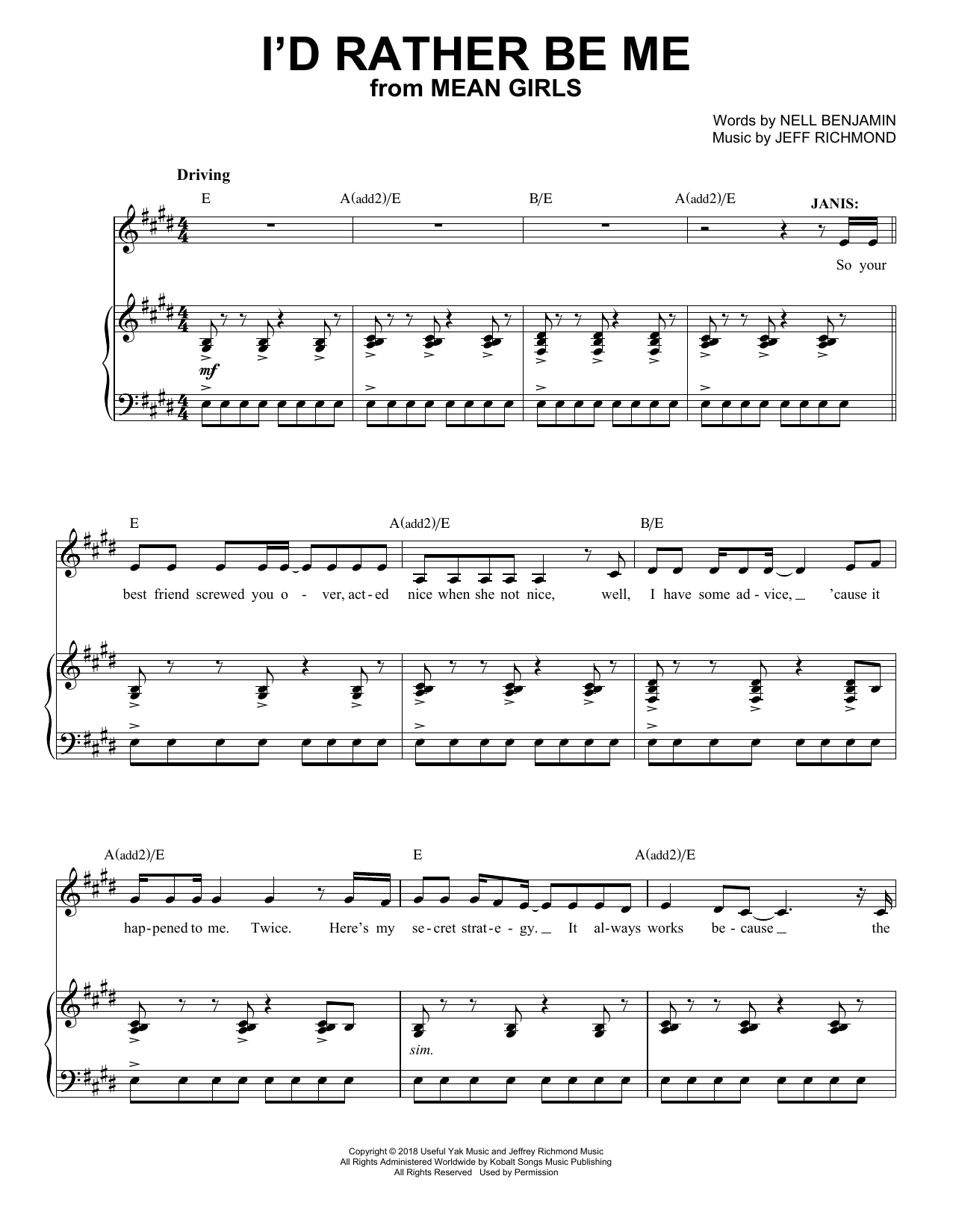 Jeff Richmond & Nell Benjamin I'd Rather Be Me (from Mean Girls: The Broadway Musical) Sheet Music Notes & Chords for Piano & Vocal - Download or Print PDF
