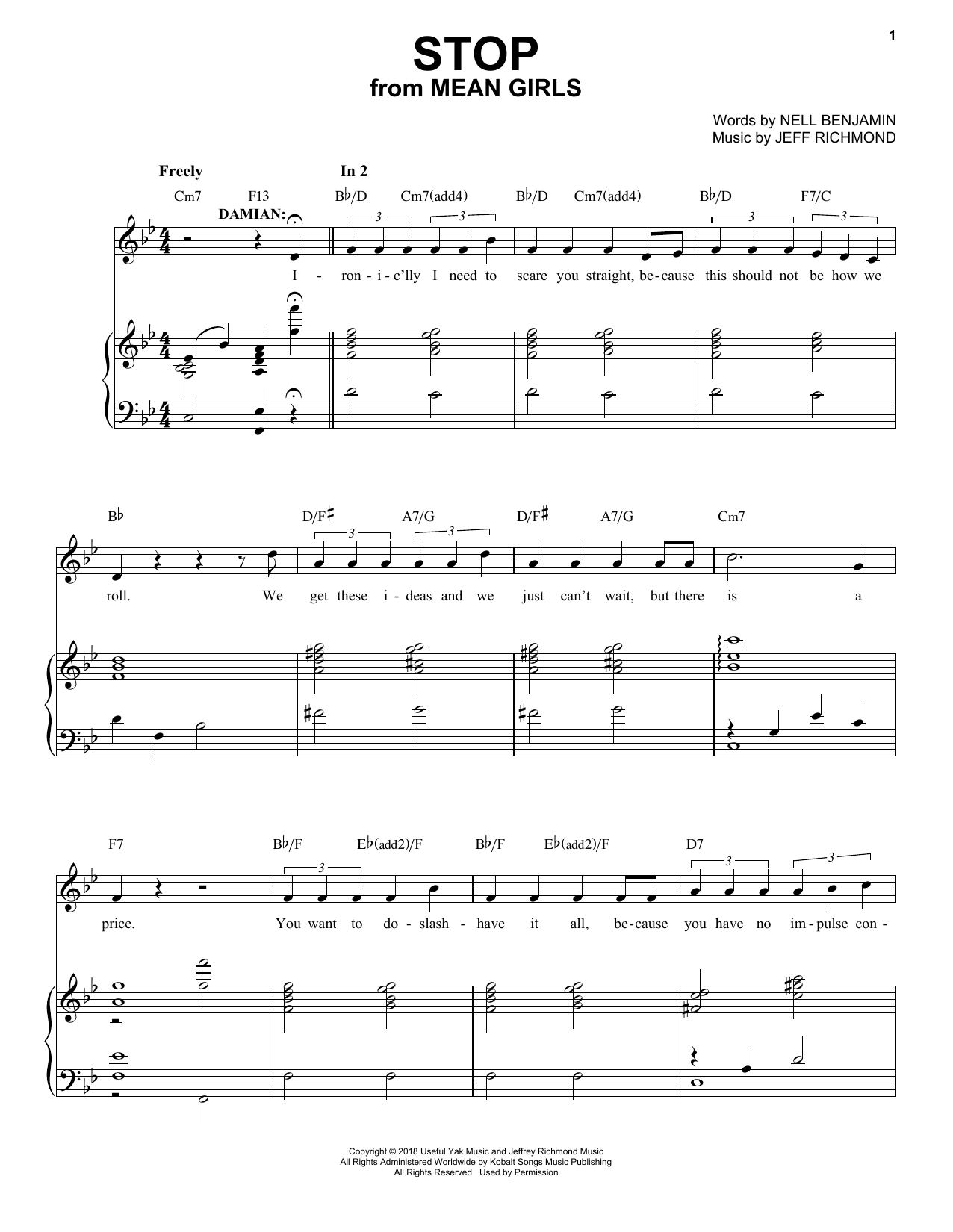 Jeff Richmond & Nell Benjamin Stop (from Mean Girls: The Broadway Musical) Sheet Music Notes & Chords for Piano & Vocal - Download or Print PDF