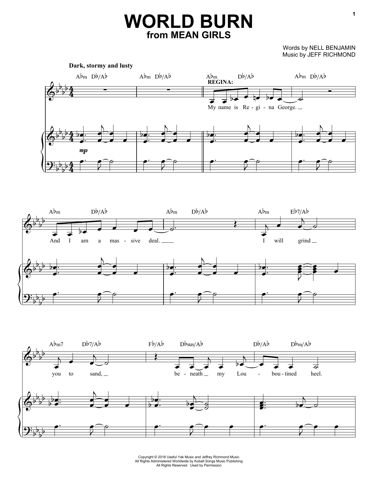 Jeff Richmond & Nell Benjamin World Burn (from Mean Girls: The Broadway Musical) Sheet Music Notes & Chords for Easy Piano - Download or Print PDF