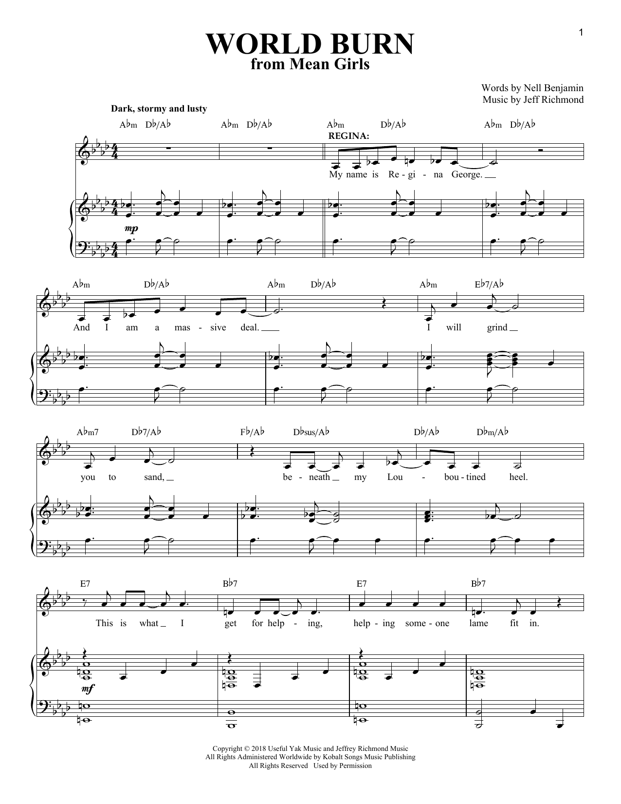 Jeff Richmond & Nell Benjamin World Burn (Solo Version) (from Mean Girls: The Broadway Musical) Sheet Music Notes & Chords for Piano & Vocal - Download or Print PDF