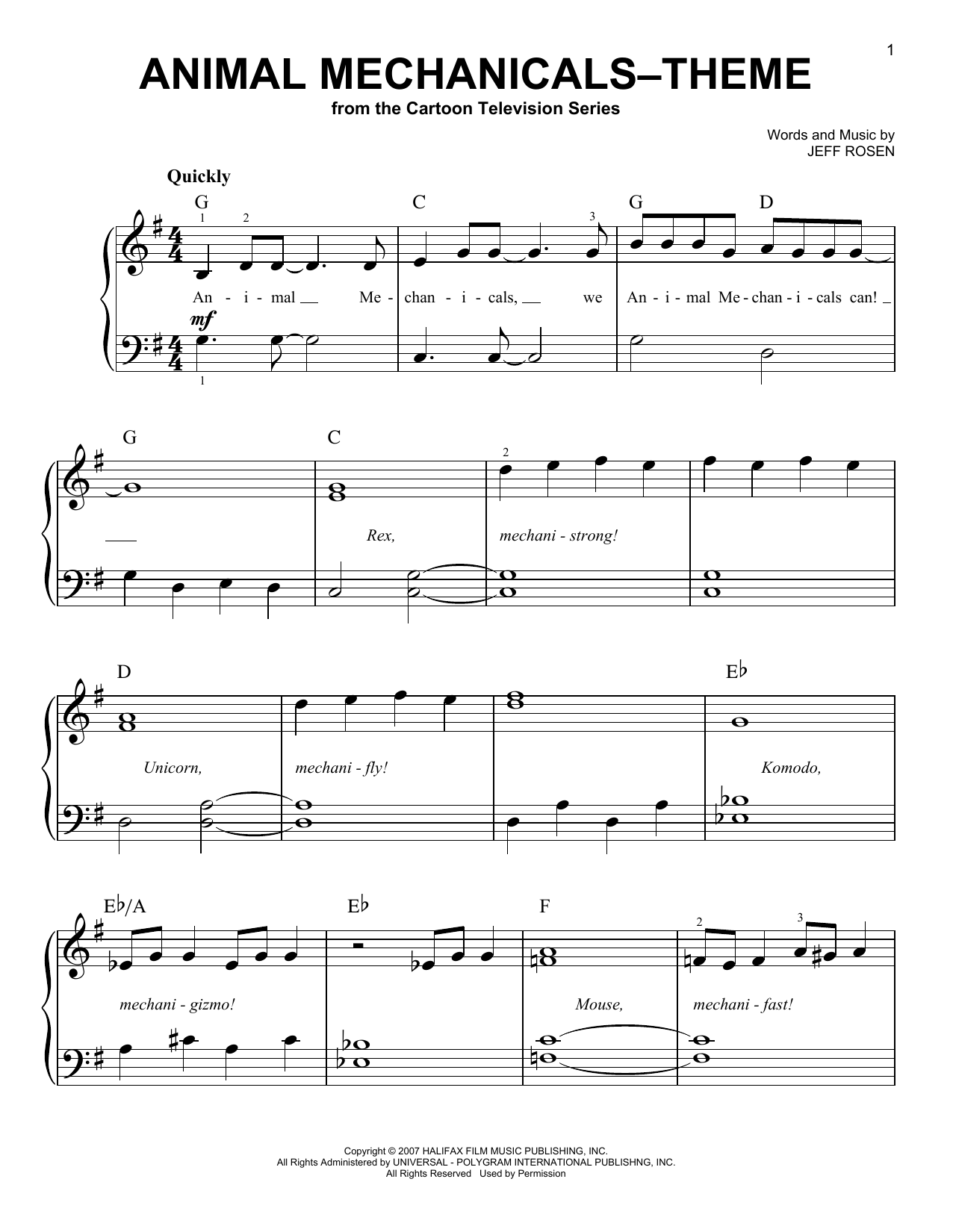 Jeff Rosen Animal Mechanicals - Theme Sheet Music Notes & Chords for Easy Piano - Download or Print PDF