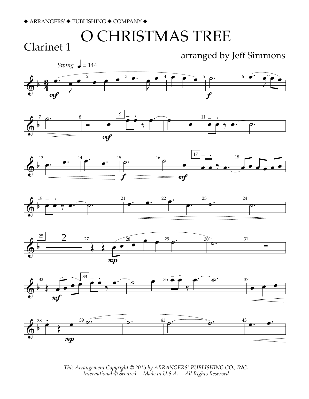 Jeff Simmons O Christmas Tree - Bb Clarinet 1 Sheet Music Notes & Chords for Concert Band - Download or Print PDF