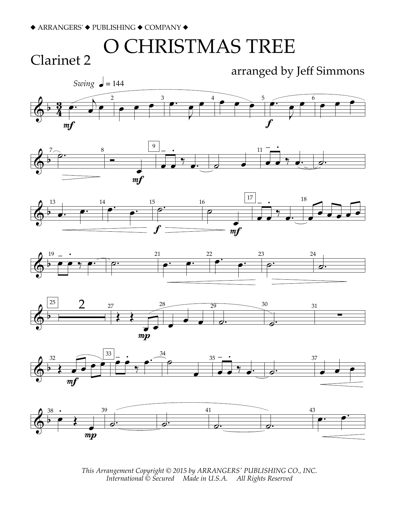 Jeff Simmons O Christmas Tree - Bb Clarinet 2 Sheet Music Notes & Chords for Concert Band - Download or Print PDF