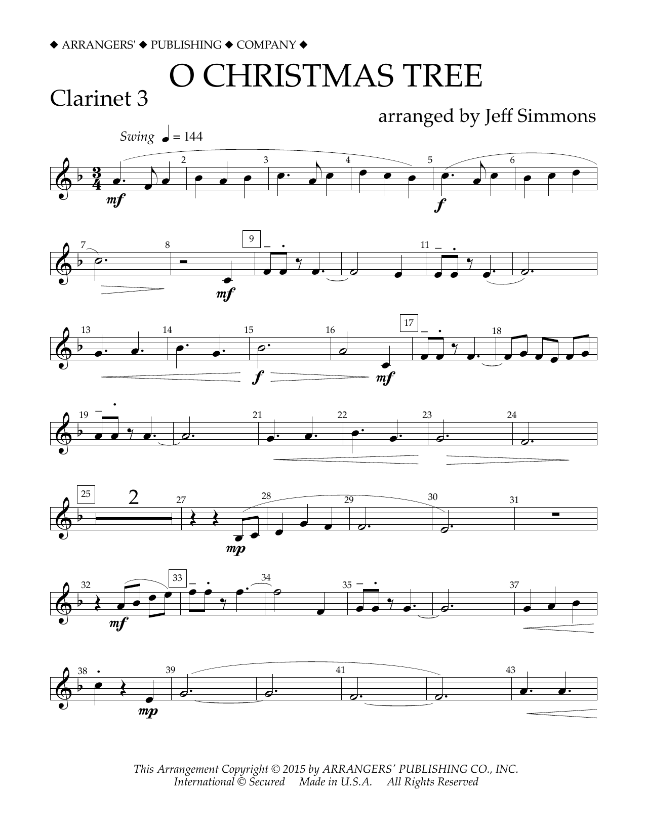 Jeff Simmons O Christmas Tree - Bb Clarinet 3 Sheet Music Notes & Chords for Concert Band - Download or Print PDF