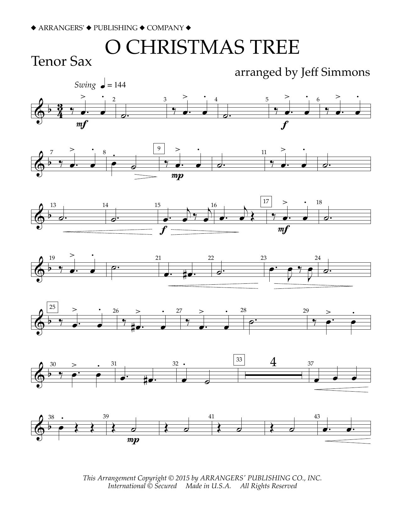Jeff Simmons O Christmas Tree - Bb Tenor Saxophone Sheet Music Notes & Chords for Concert Band - Download or Print PDF