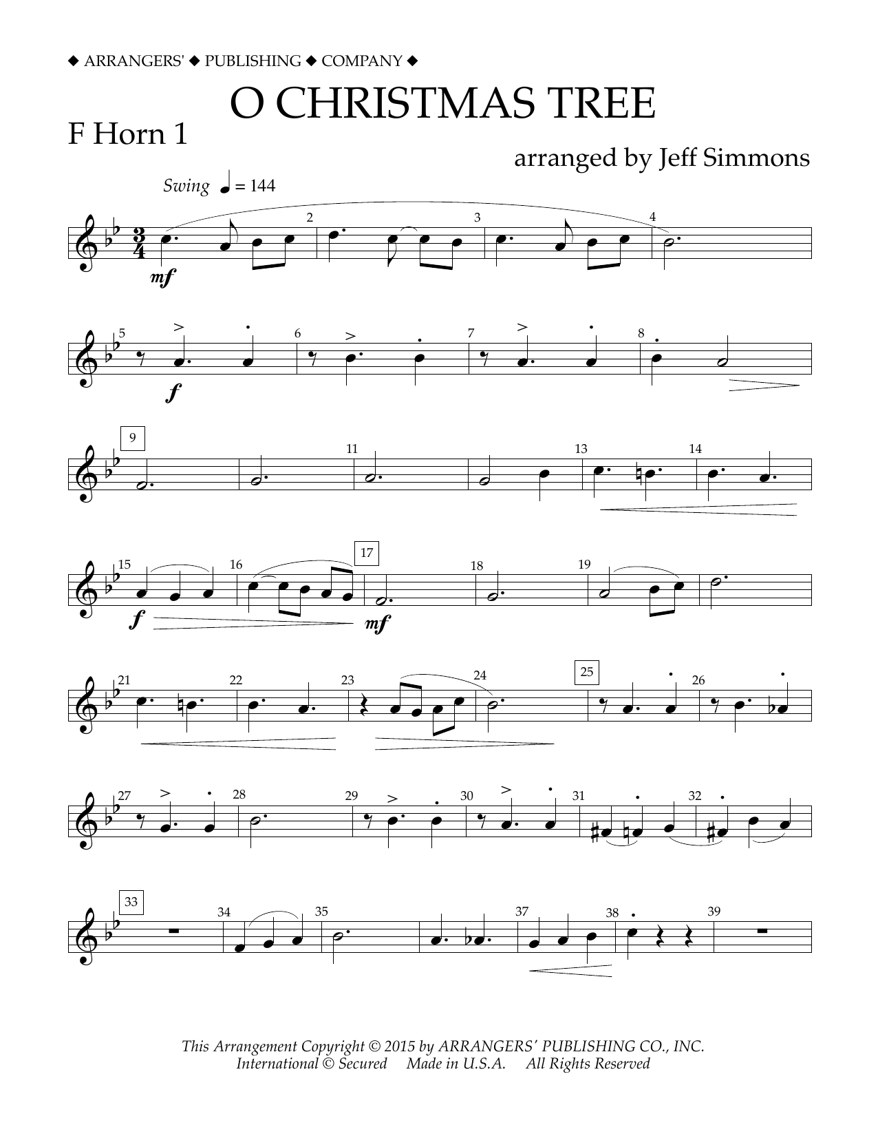 Jeff Simmons O Christmas Tree - F Horn 1 Sheet Music Notes & Chords for Concert Band - Download or Print PDF