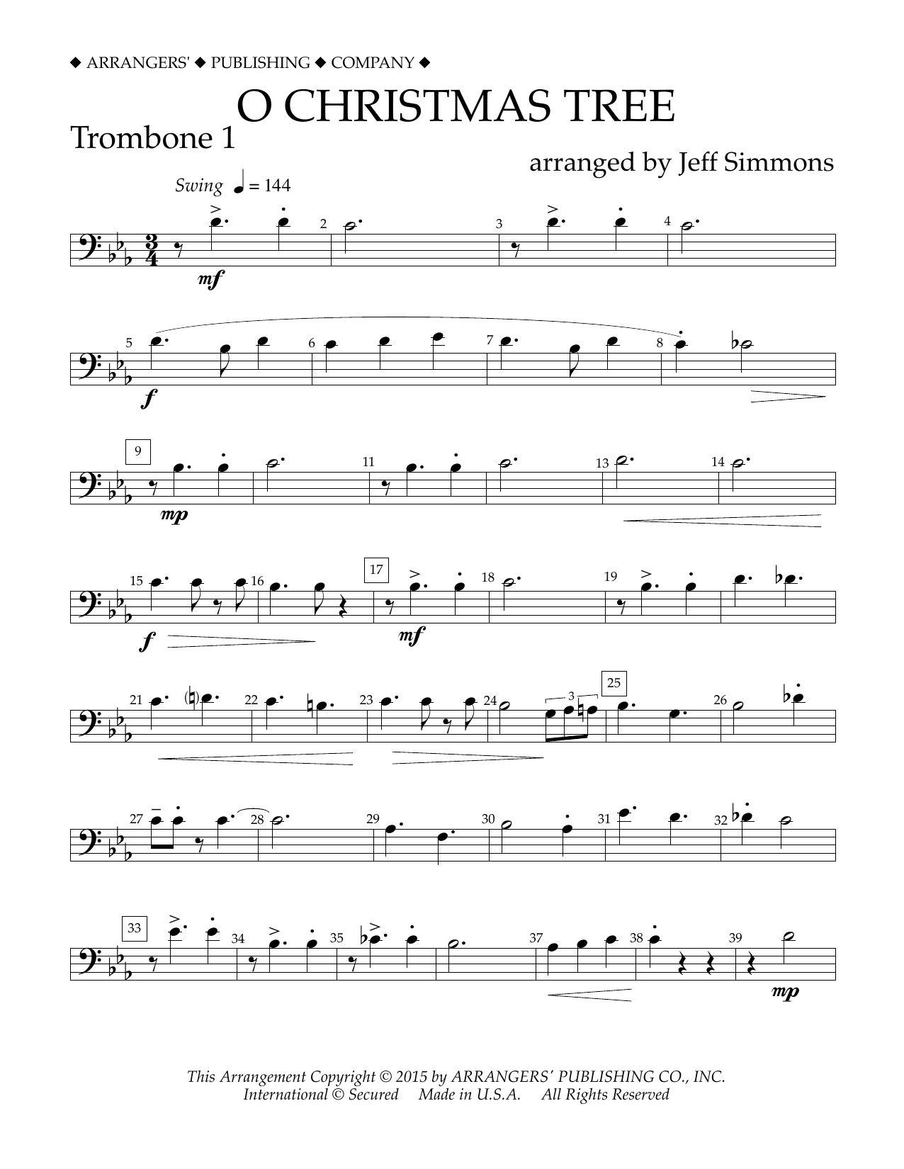 Jeff Simmons O Christmas Tree - Trombone 1 Sheet Music Notes & Chords for Concert Band - Download or Print PDF