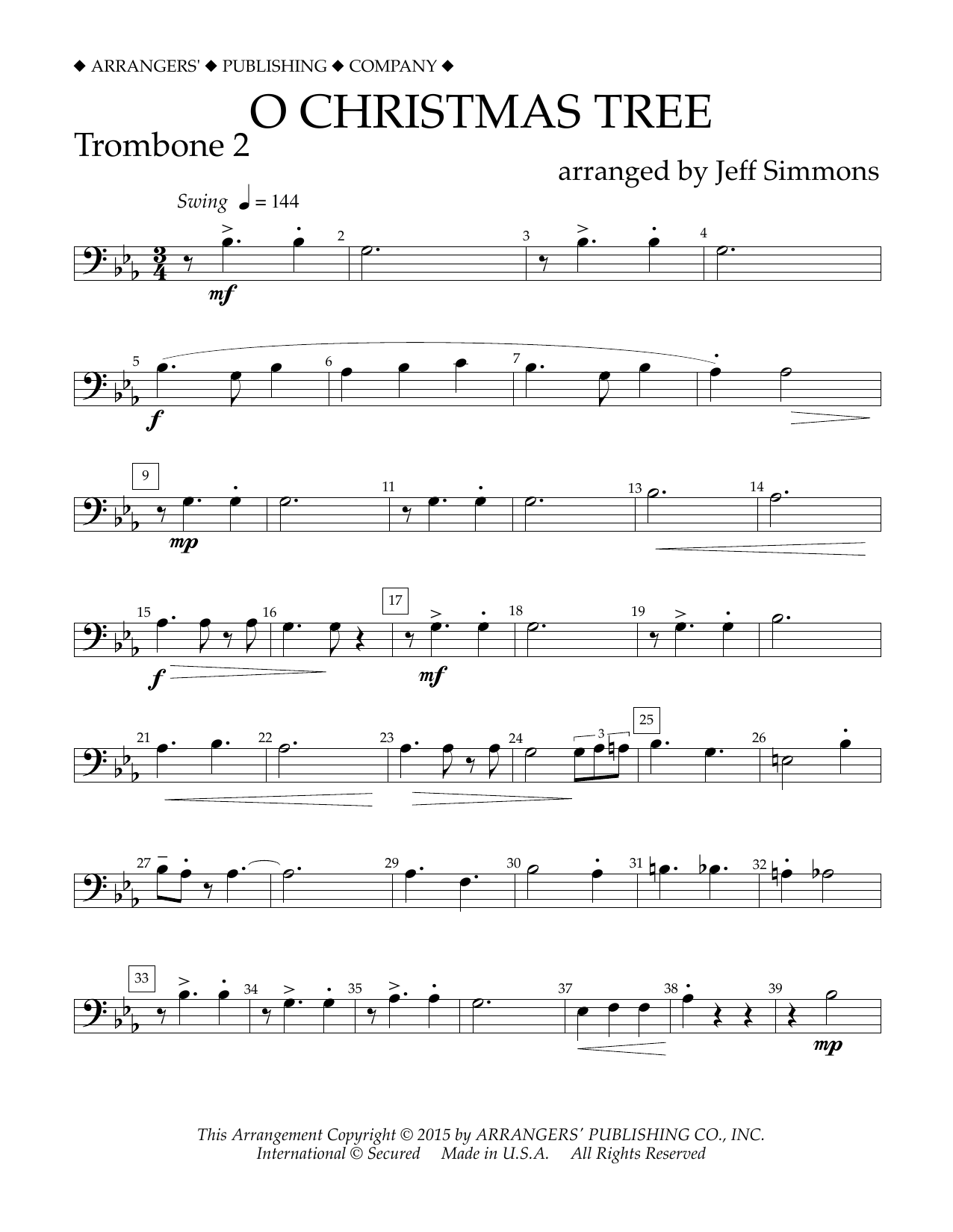 Jeff Simmons O Christmas Tree - Trombone 2 Sheet Music Notes & Chords for Concert Band - Download or Print PDF