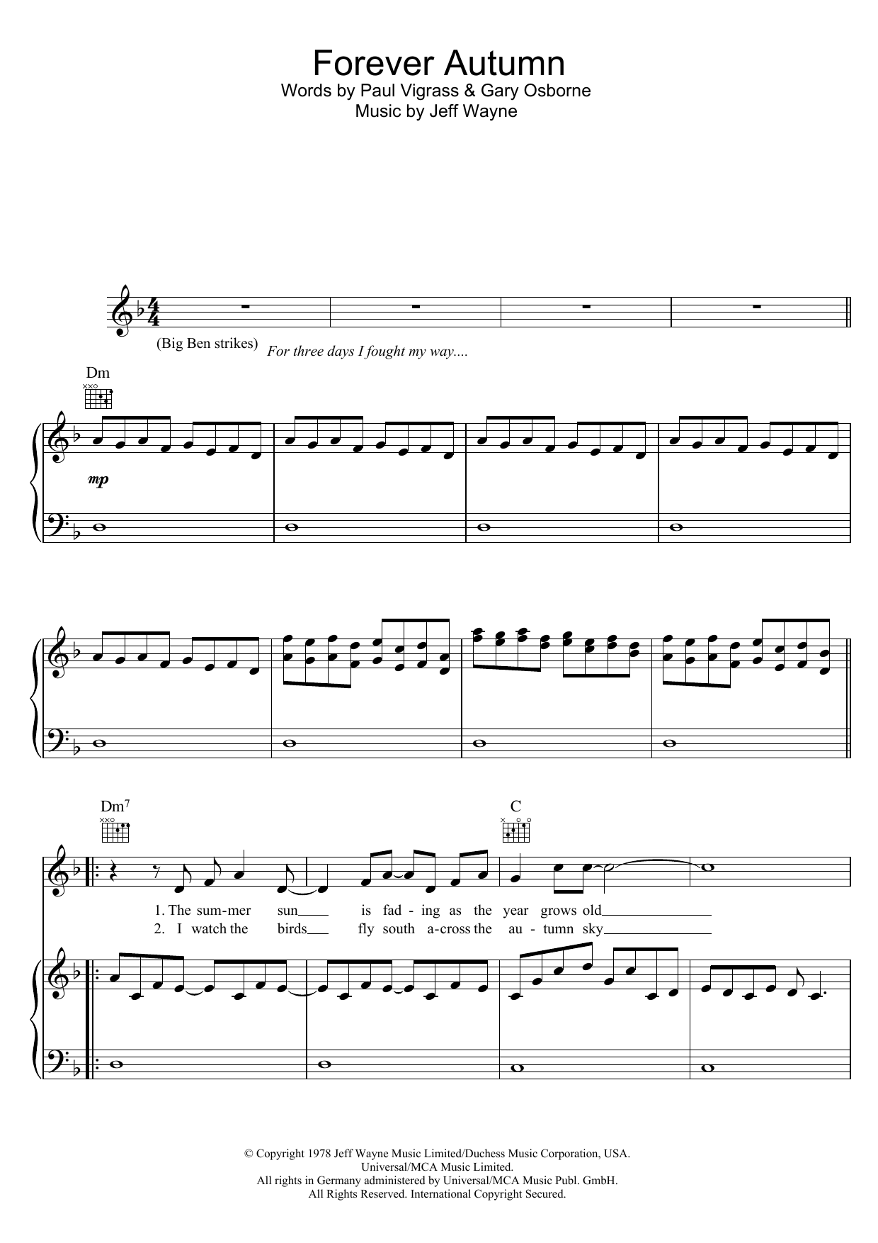 Jeff Wayne Forever Autumn (from War Of The Worlds) Sheet Music Notes & Chords for Lyrics & Chords - Download or Print PDF