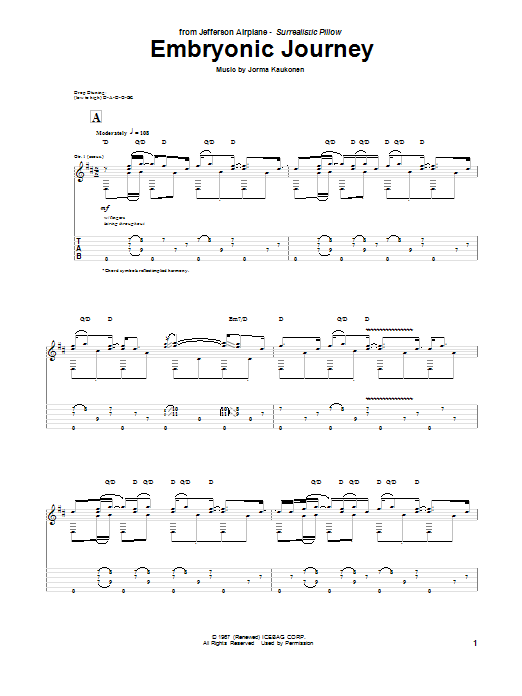 Jefferson Airplane Embryonic Journey Sheet Music Notes & Chords for Solo Guitar Tab - Download or Print PDF