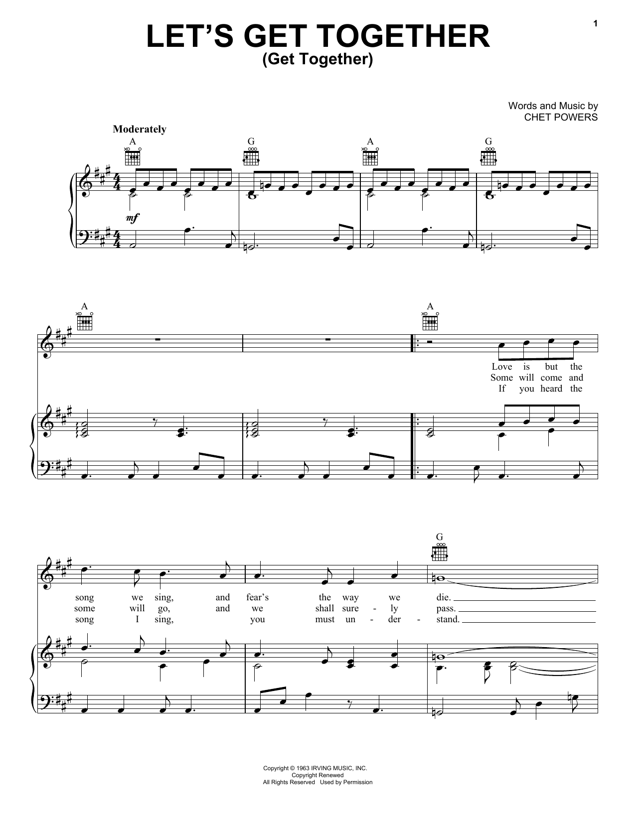 Jefferson Airplane Let's Get Together Sheet Music Notes & Chords for Piano, Vocal & Guitar (Right-Hand Melody) - Download or Print PDF
