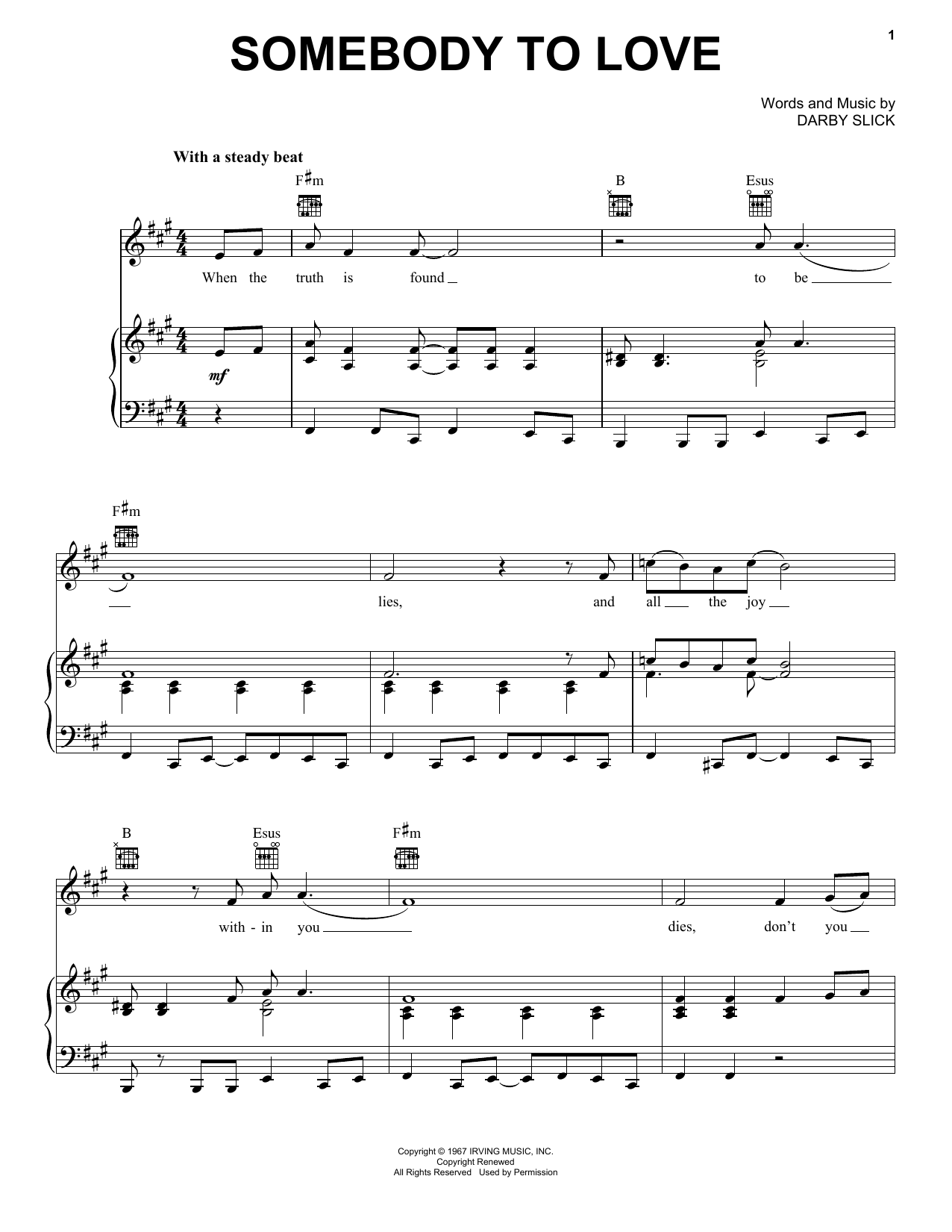Jefferson Airplane Somebody To Love sheet music notes and chords. Download Printable PDF.
