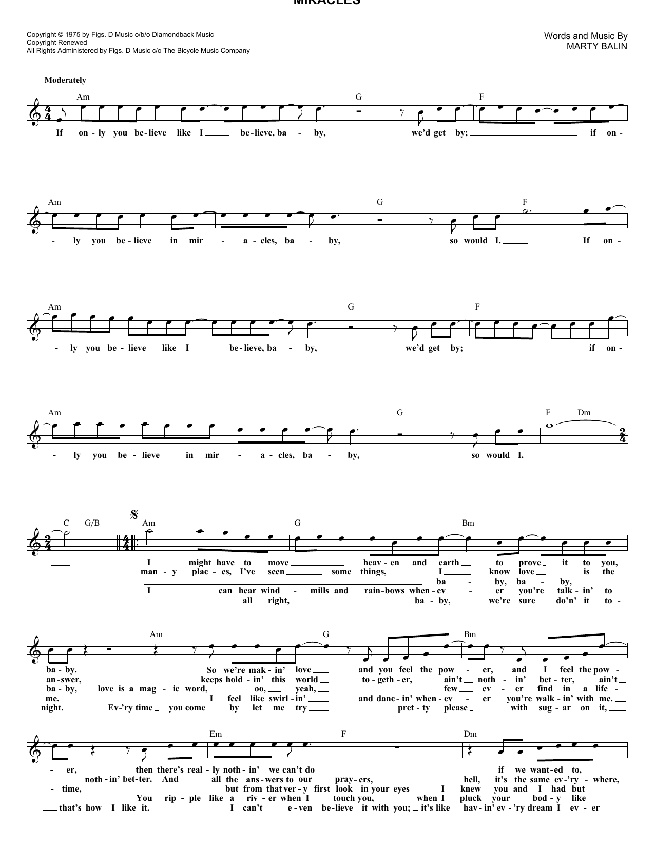 Jefferson Starship Miracles Sheet Music Notes & Chords for Melody Line, Lyrics & Chords - Download or Print PDF