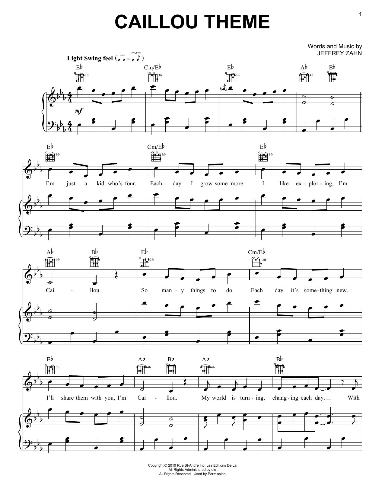 Jeffrey Zahn Caillou Theme Sheet Music Notes & Chords for Piano, Vocal & Guitar (Right-Hand Melody) - Download or Print PDF