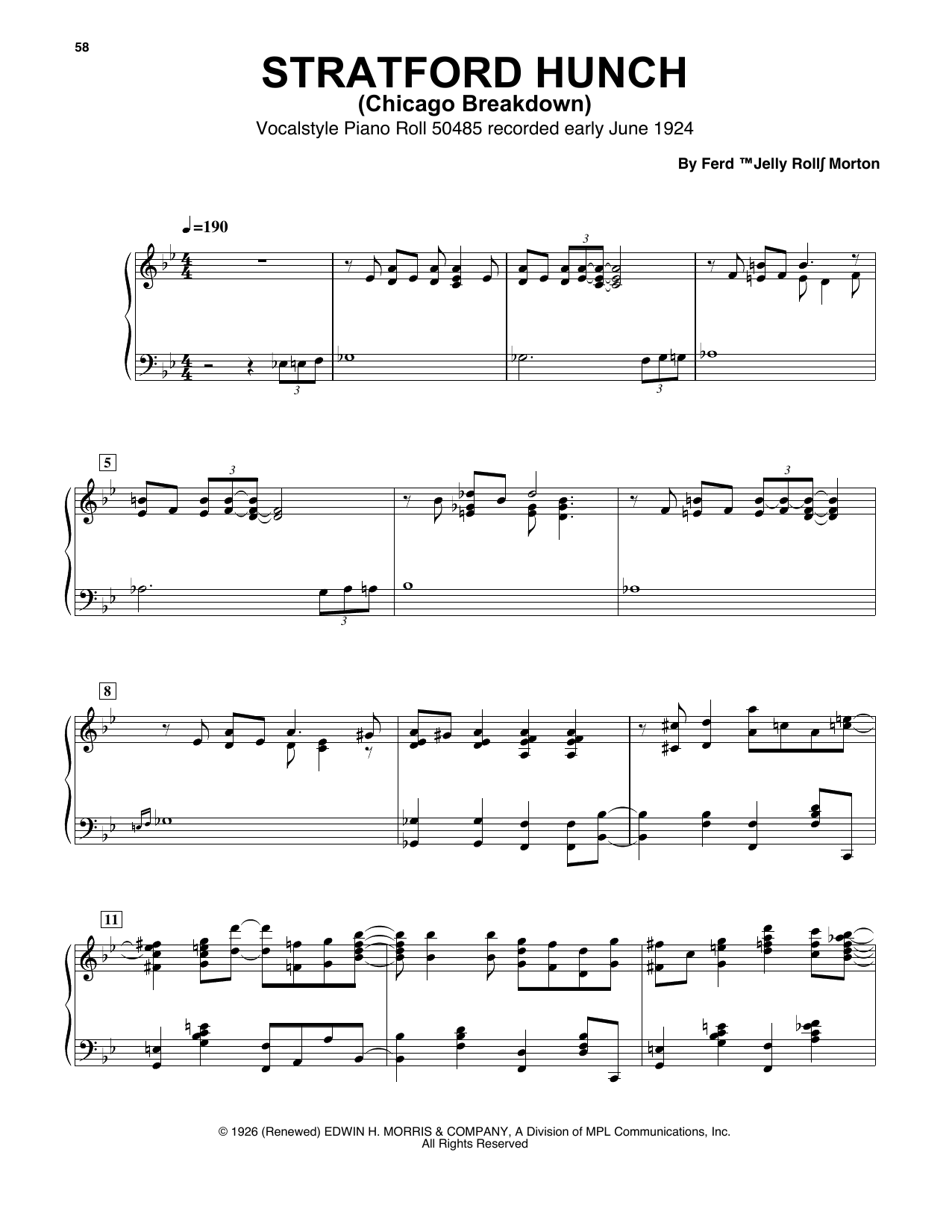 Jelly Roll Morton Chicago Breakdown (Stratford Hunch) Sheet Music Notes & Chords for Piano Transcription - Download or Print PDF