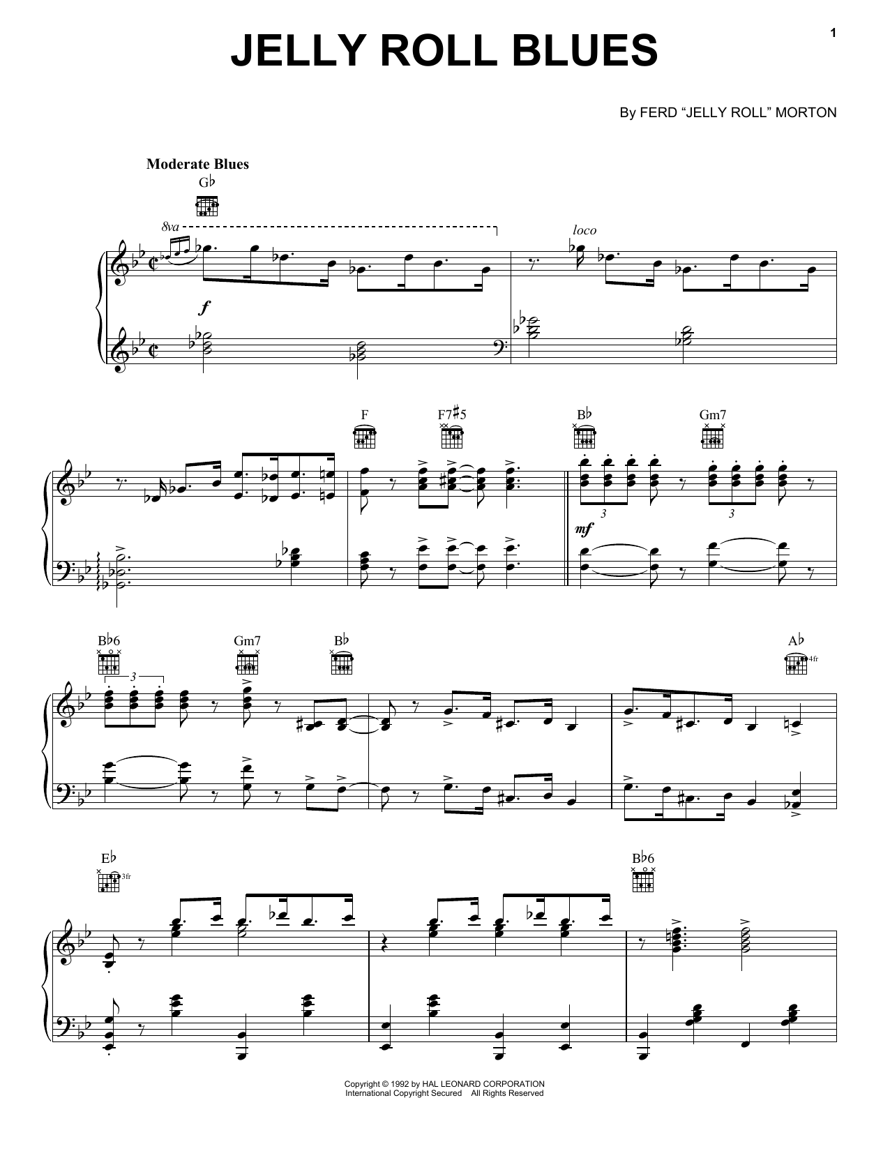 Jelly Roll Morton Jelly Roll Blues Sheet Music Notes & Chords for Piano, Vocal & Guitar (Right-Hand Melody) - Download or Print PDF