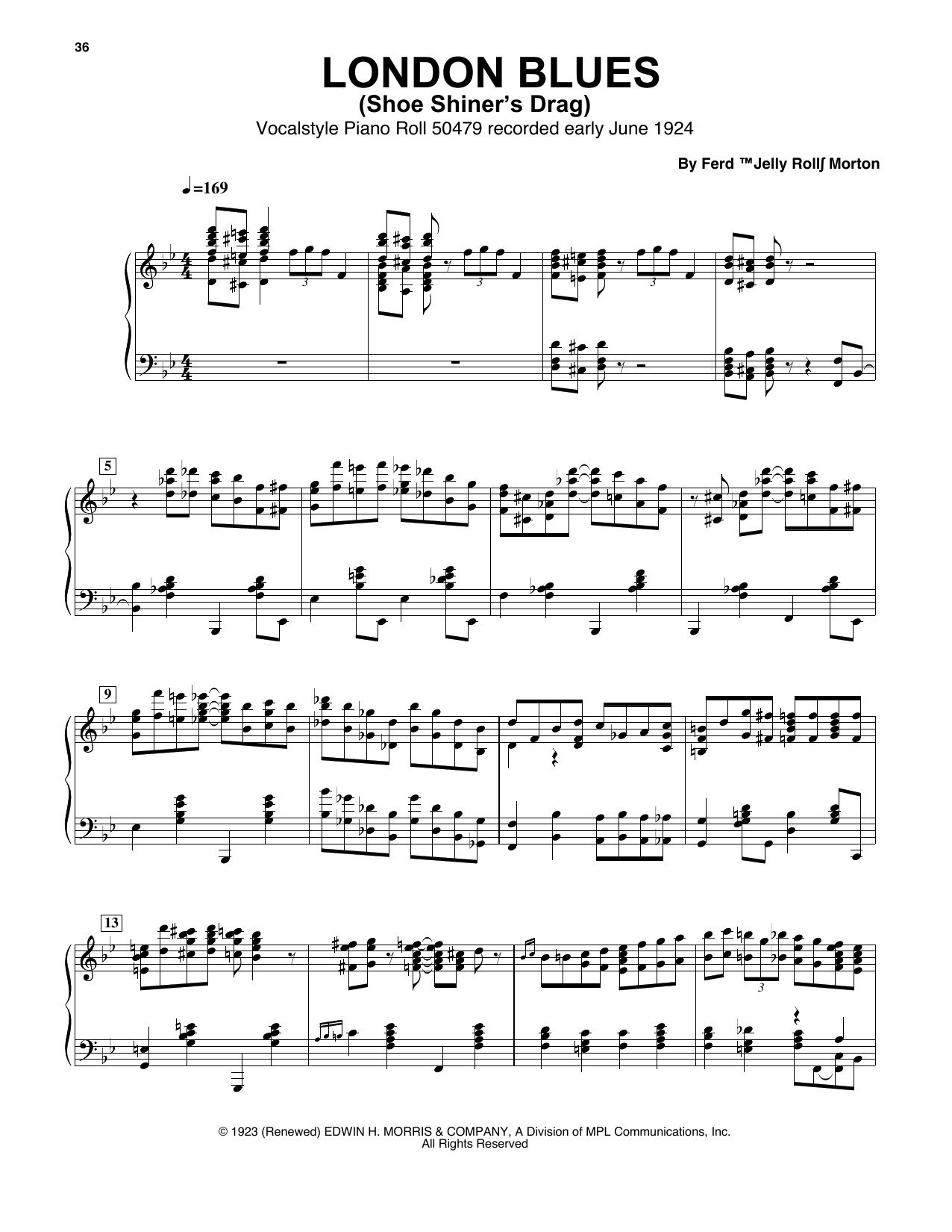 Jelly Roll Morton London Blues (Shoe Shiner's Drag) Sheet Music Notes & Chords for Piano Transcription - Download or Print PDF