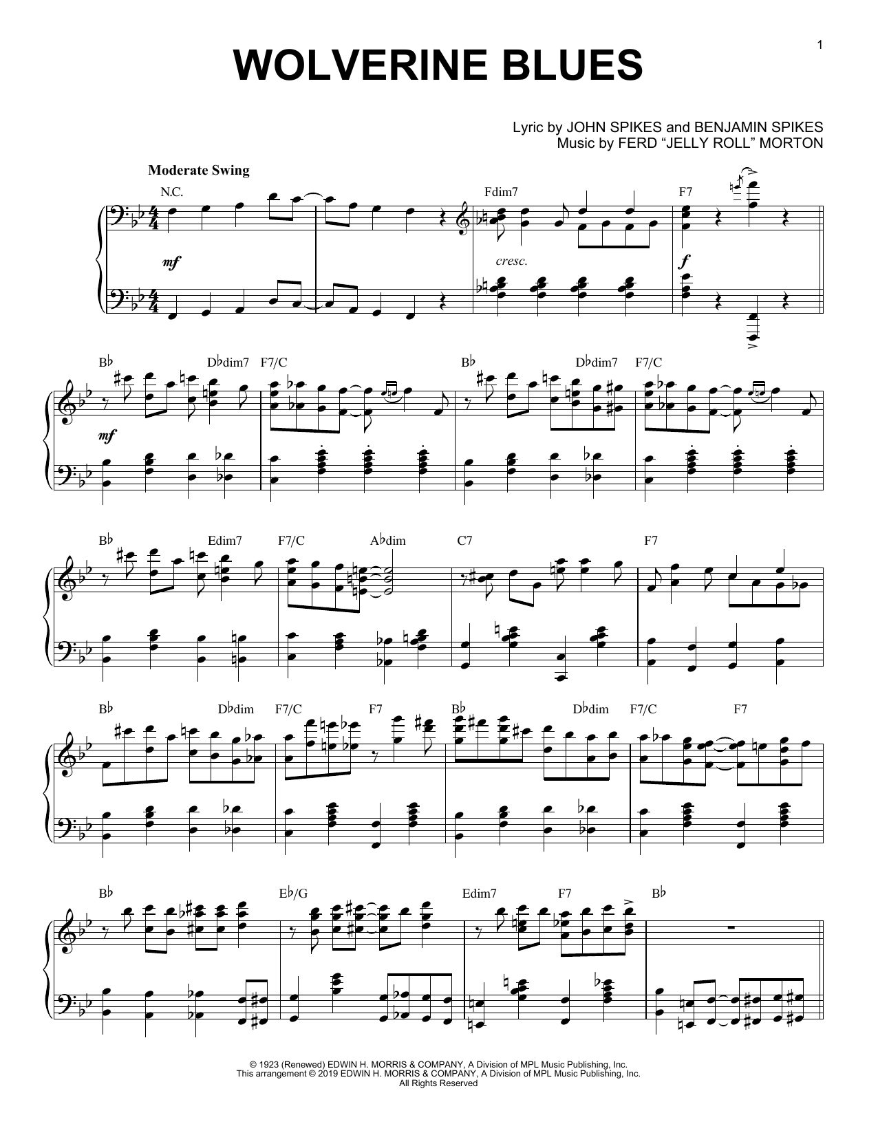 Jelly Roll Morton Wolverine Blues [Jazz version] Sheet Music Notes & Chords for Piano Solo - Download or Print PDF
