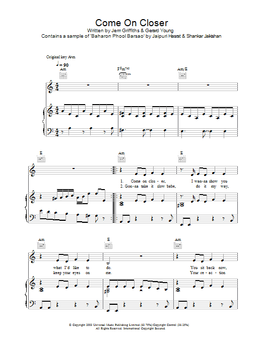 Jem Come On Closer Sheet Music Notes & Chords for Piano, Vocal & Guitar (Right-Hand Melody) - Download or Print PDF