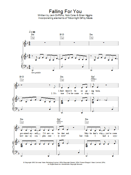 Jem Falling For You Sheet Music Notes & Chords for Piano, Vocal & Guitar (Right-Hand Melody) - Download or Print PDF