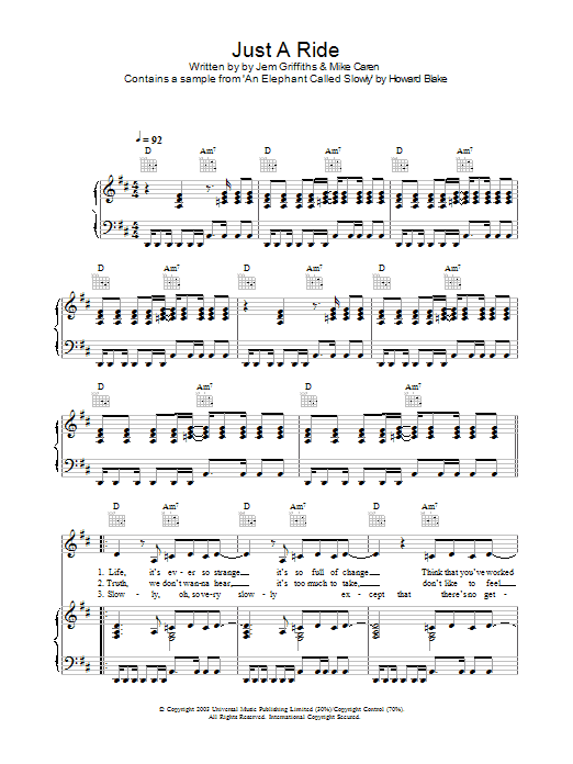 Jem Just A Ride Sheet Music Notes & Chords for Piano, Vocal & Guitar (Right-Hand Melody) - Download or Print PDF