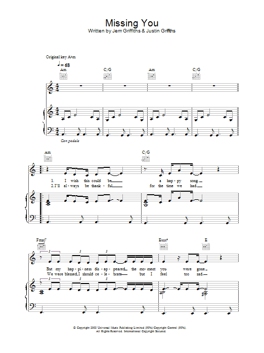 Jem Missing You Sheet Music Notes & Chords for Piano, Vocal & Guitar (Right-Hand Melody) - Download or Print PDF