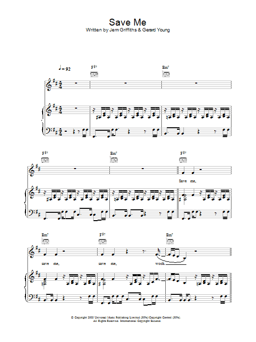 Jem Save Me Sheet Music Notes & Chords for Piano, Vocal & Guitar (Right-Hand Melody) - Download or Print PDF
