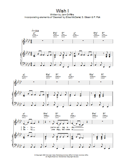 Jem Wish I Sheet Music Notes & Chords for Piano, Vocal & Guitar (Right-Hand Melody) - Download or Print PDF