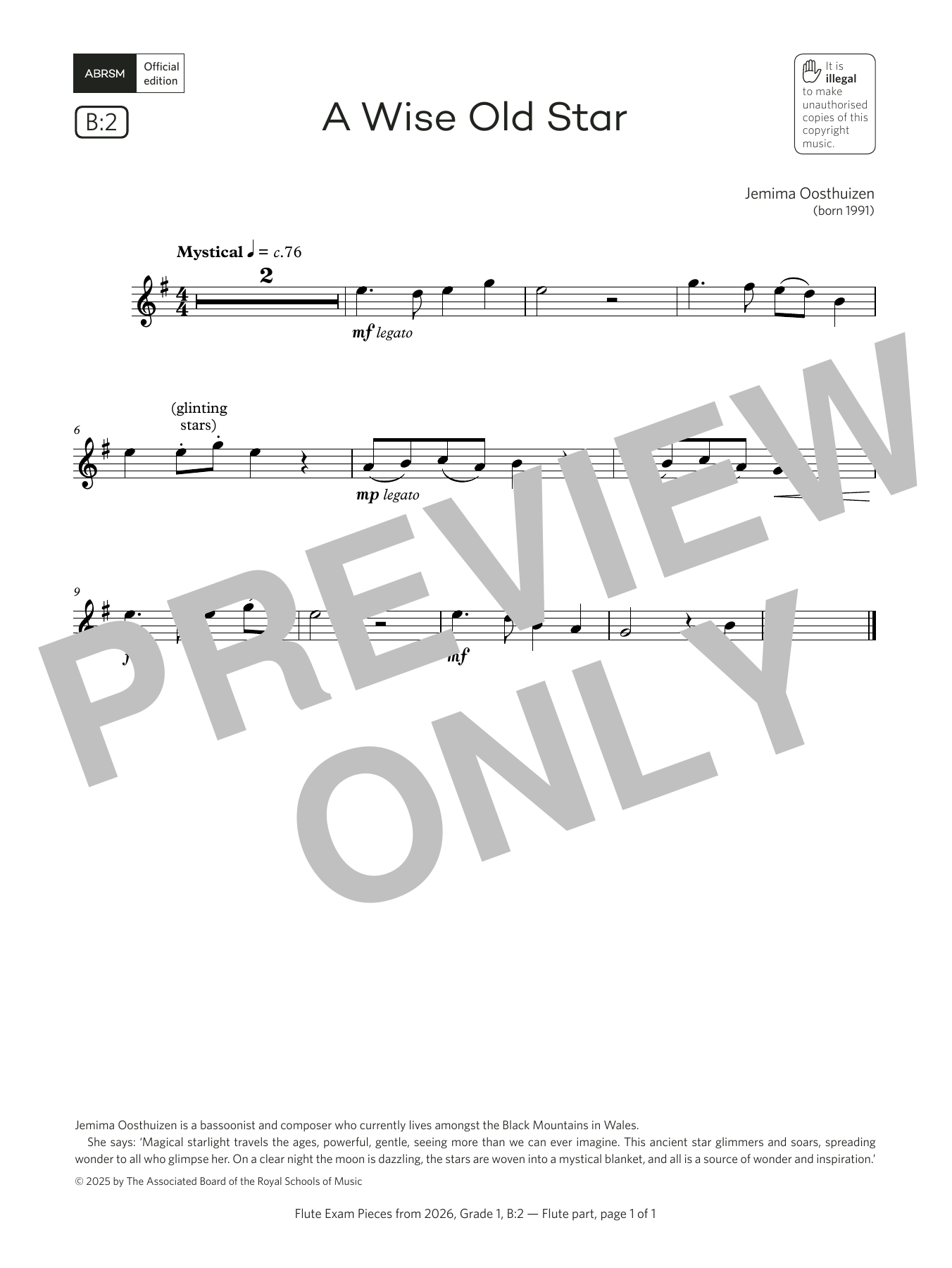 Jemima Oosthuizen A Wise Old Star (Grade 1, list B2, from the ABRSM Flute Syllabus from 2026) Sheet Music Notes & Chords for Flute Solo - Download or Print PDF Jemima Oosthuizen A Wise Old Star (Grade 1, list B2, from the ABRSM Flute Syllabus from 2026) Sheet Music Notes & Chords for Flute Solo - Download or Print PDF
