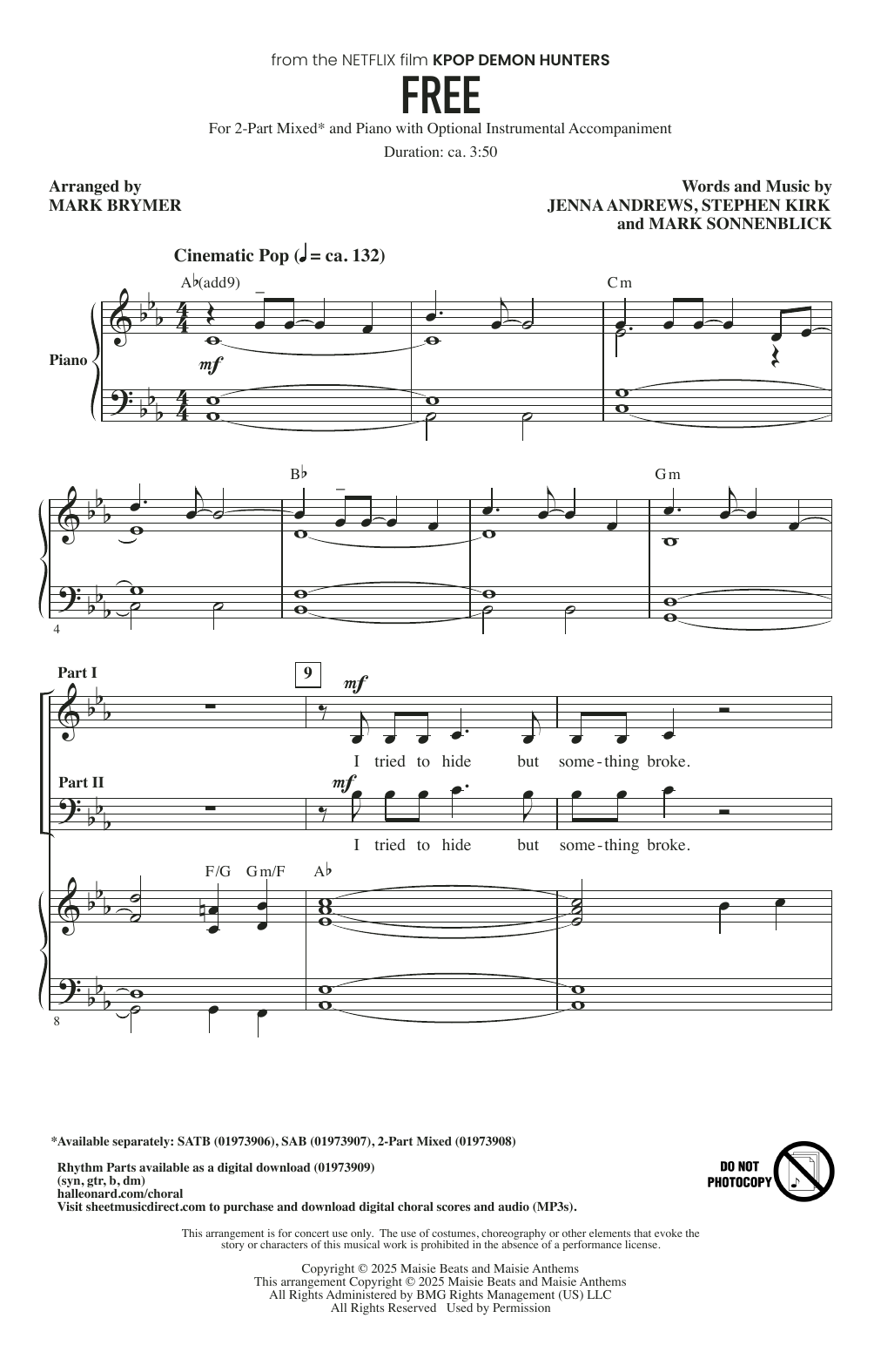 Jenna Andrews, Stephen Kirk, and Mark Sonnenblick Free (from KPop Demon Hunters) (arr. Mark Brymer) Sheet Music Notes & Chords for 2-Part Choir - Download or Print PDF