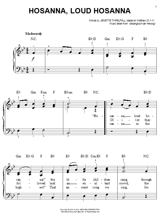 Jennette Threlfall Hosanna, Loud Hosanna Sheet Music Notes & Chords for Easy Piano - Download or Print PDF