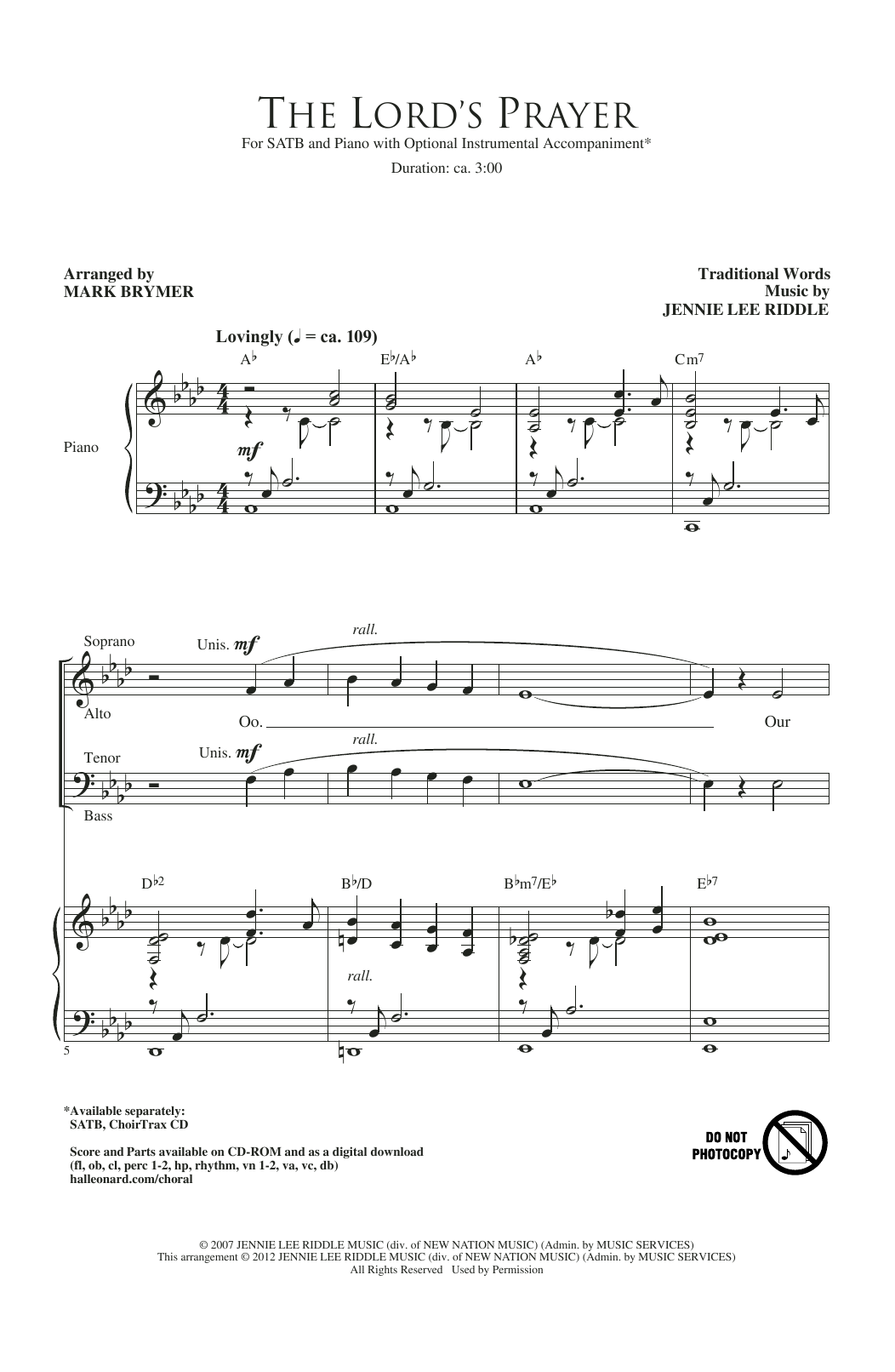 Jennie Lee Riddle The Lord's Prayer (arr. Mark Brymer) Sheet Music Notes & Chords for SATB Choir - Download or Print PDF