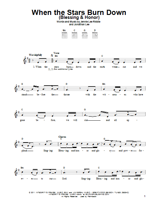 Jennie Lee Riddle When The Stars Burn Down (Blessing & Honor) Sheet Music Notes & Chords for Easy Guitar - Download or Print PDF