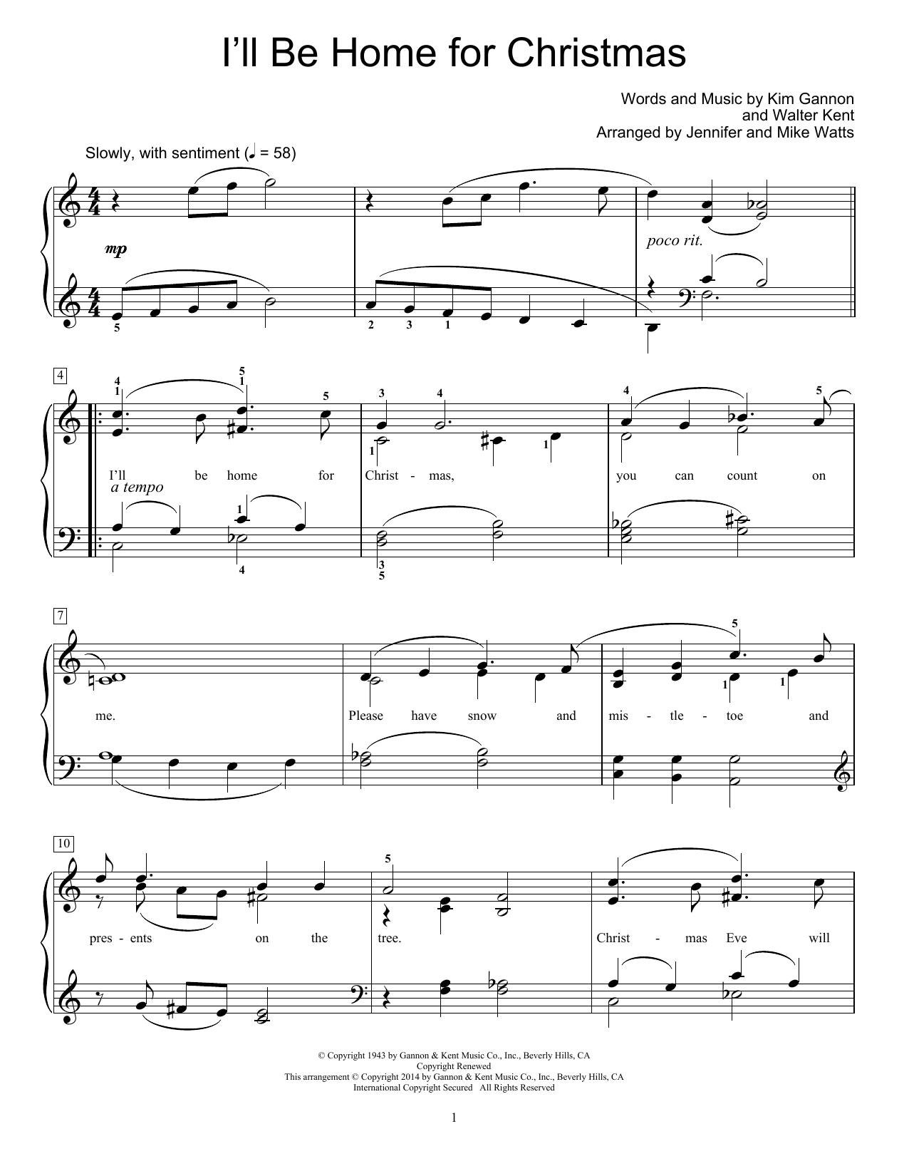 Jennifer and Mike Watts I'll Be Home For Christmas Sheet Music Notes & Chords for Educational Piano - Download or Print PDF