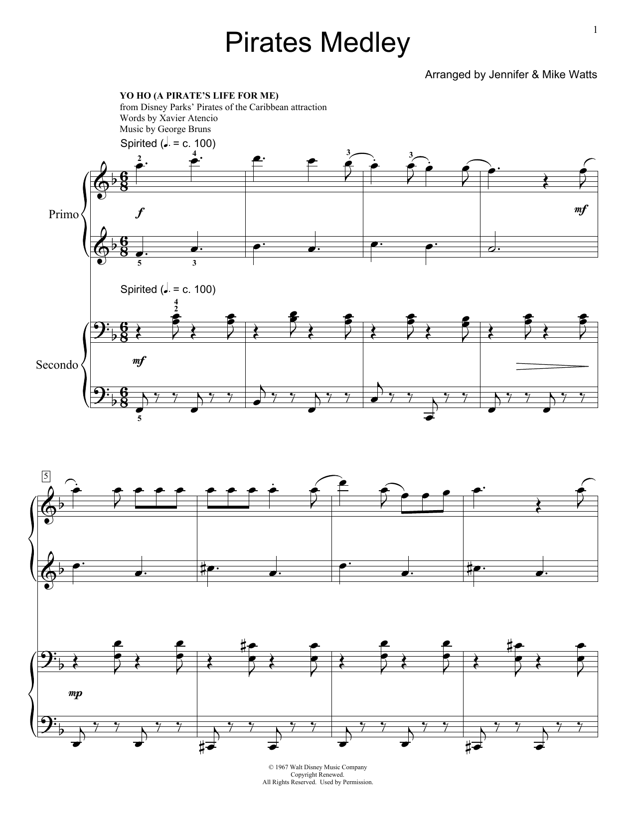 Jennifer and Mike Watts Pirates Medley Sheet Music Notes & Chords for Piano Duet - Download or Print PDF