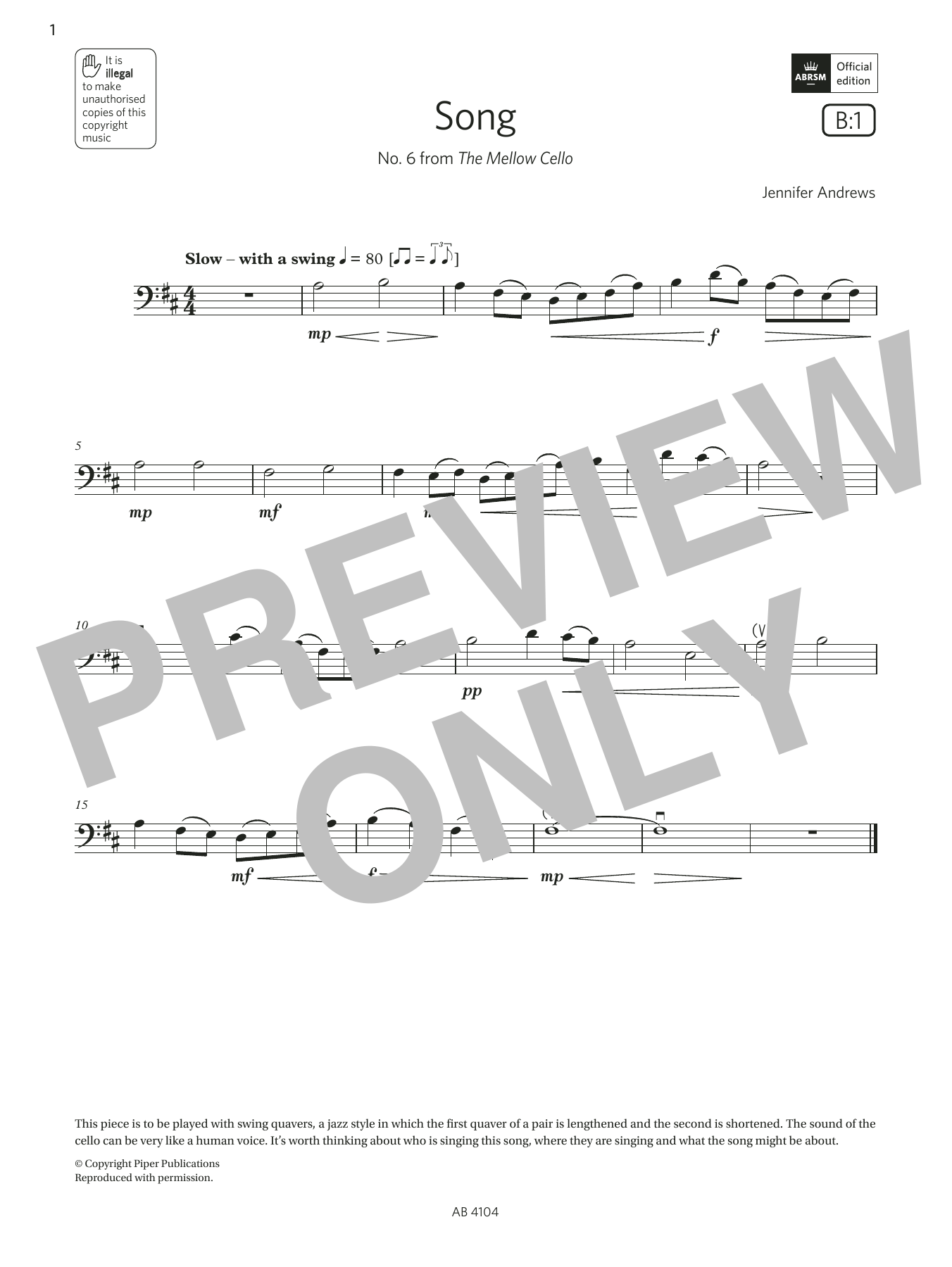 Jennifer Andrews Song (Grade 1, B1, from the ABRSM Cello Syllabus from 2024) Sheet Music Notes & Chords for Cello Solo - Download or Print PDF