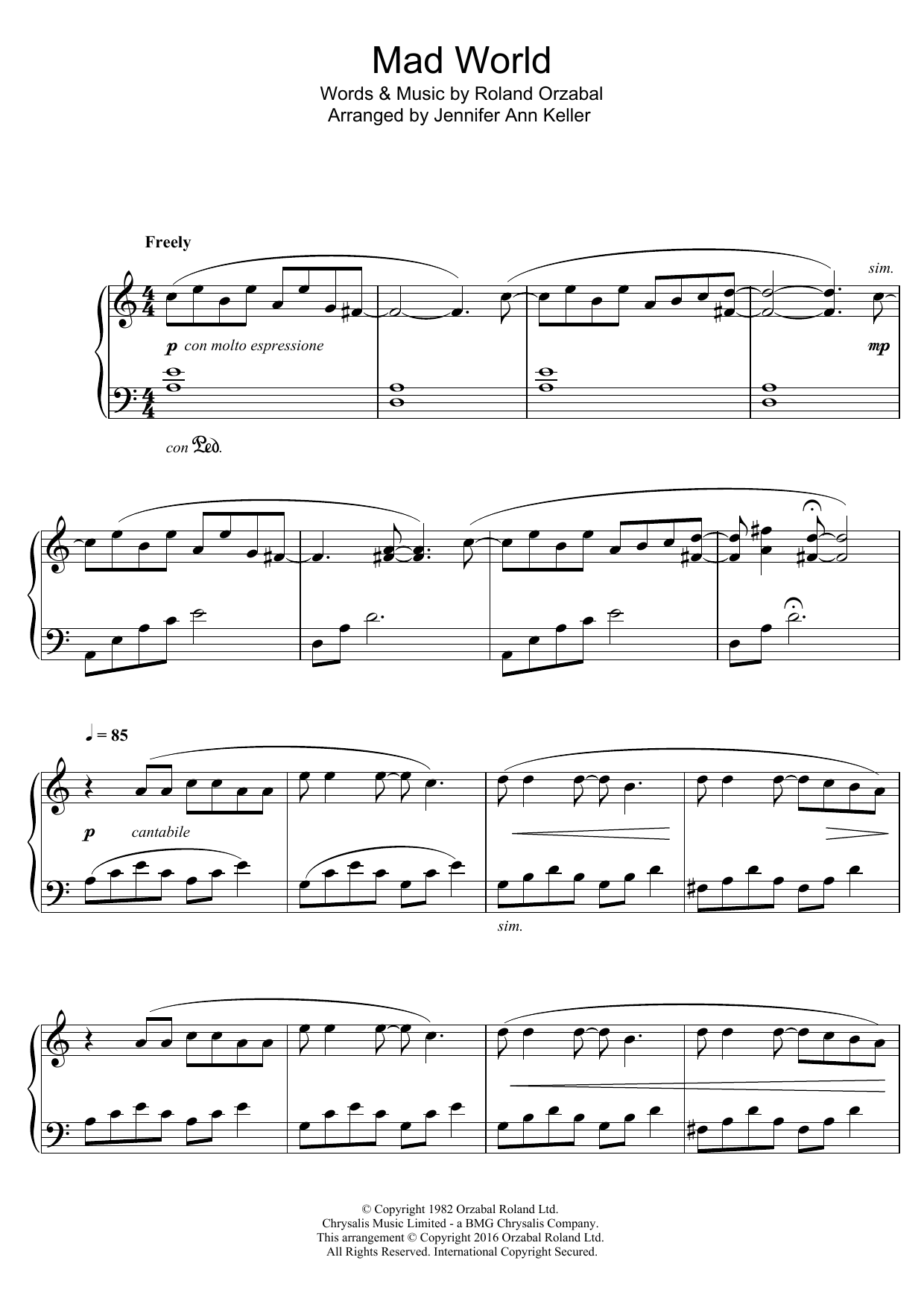 Jennifer Ann Keller Mad World Sheet Music Notes & Chords for Piano - Download or Print PDF