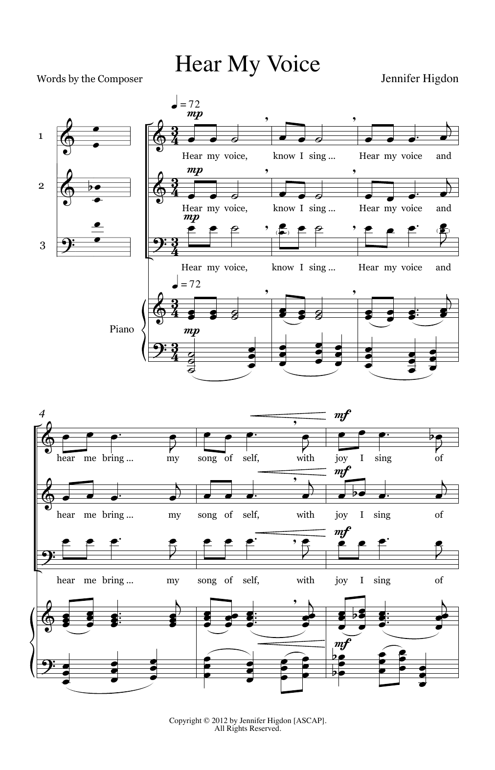 Jennifer Higdon Hear My Voice Sheet Music Notes & Chords for 3-Part Mixed - Download or Print PDF