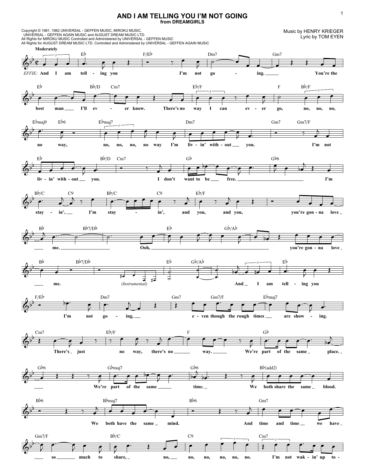 Jennifer Holliday And I Am Telling You I'm Not Going Sheet Music Notes & Chords for Melody Line, Lyrics & Chords - Download or Print PDF