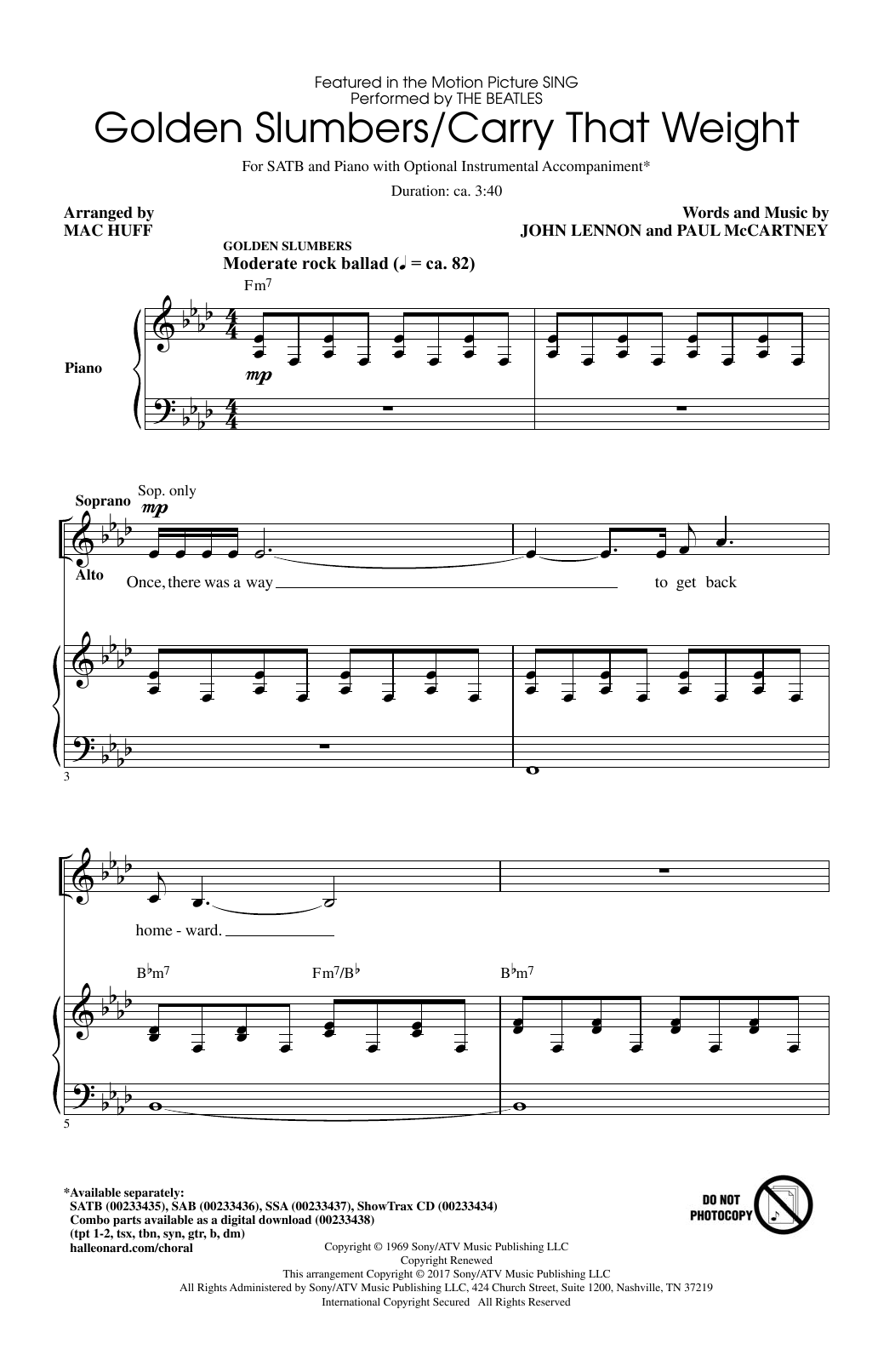 Jennifer Hudson Golden Slumbers/Carry That Weight (from Sing) (arr. Mac Huff) Sheet Music Notes & Chords for SSA - Download or Print PDF