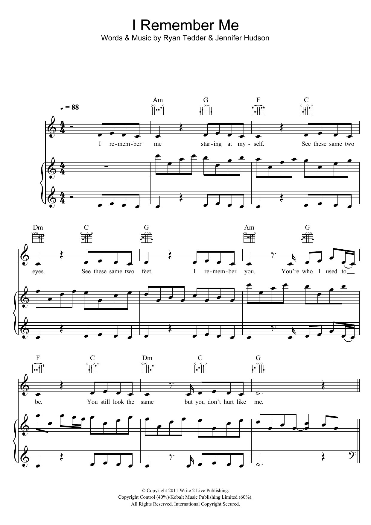 Jennifer Hudson I Remember Me Sheet Music Notes & Chords for Piano, Vocal & Guitar (Right-Hand Melody) - Download or Print PDF