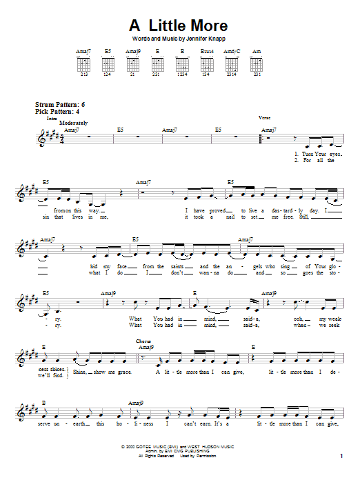 Jennifer Knapp A Little More Sheet Music Notes & Chords for Piano, Vocal & Guitar (Right-Hand Melody) - Download or Print PDF